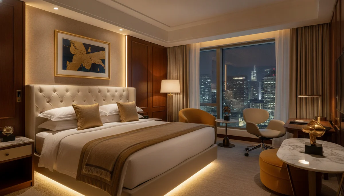 Luxurious deluxe king room with plush gold accents and city views