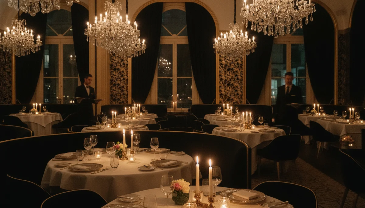 Elegant fine dining restaurant interior with candlelight, white tablecloths and gold fixtures