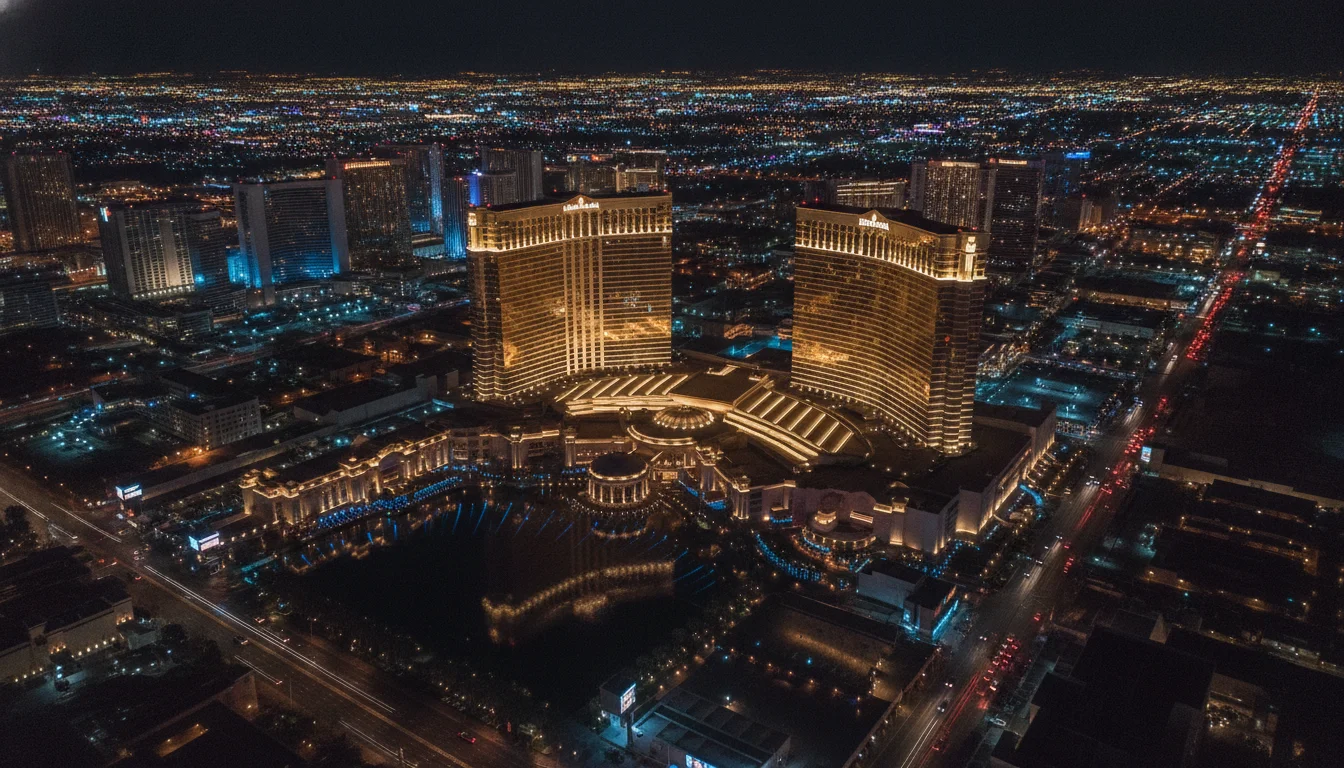 Aurum Grand Resort exterior at night with golden lighting and Las Vegas skyline