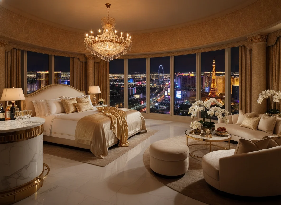 Palatial penthouse suite with floor-to-ceiling windows overlooking the Las Vegas Strip at night
