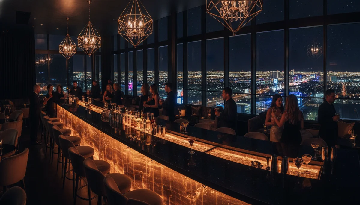 Glamorous rooftop cocktail bar at night with Las Vegas Strip panorama and glowing skyline