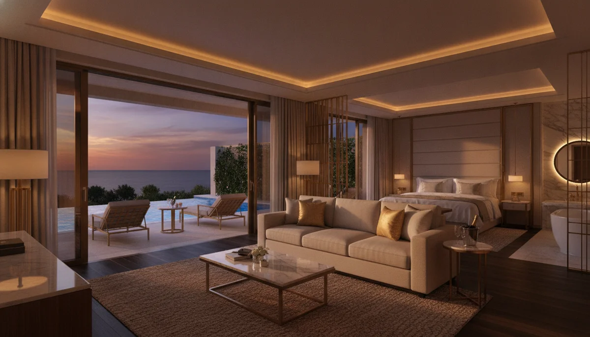 Private villa suite with marble bathroom and pool view terrace